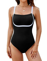 Blooming Jelly Womens One Piece Swimsuit Modest Tummy Control Bathing Suit Full Coverage Swim Suit Slimming Square Neck Swimwear (BlackX-Large)